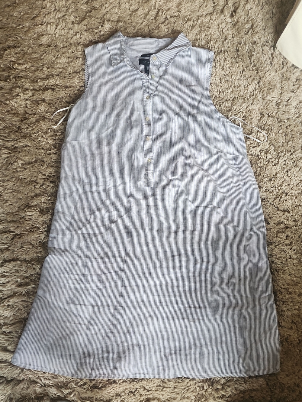 Tahari Blue and White Pinstripe Sleeveless Linen Shift Dress